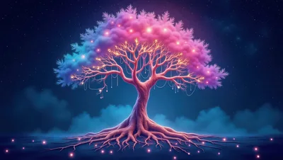 Glowing Fantasy Tree With Bioluminescent Roots