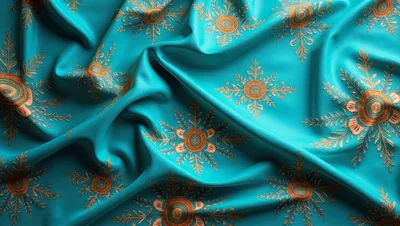 Turquoise Fabric With Intricate Gold Snowflake Pattern