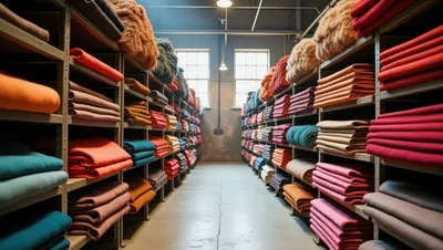 Stacks Of Colorful Fabric Bolts In Textile Warehouse