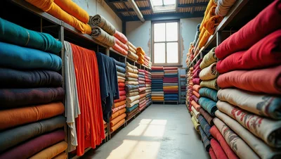 Fabric Rolls Stacked On Shelves In Textile Warehouse