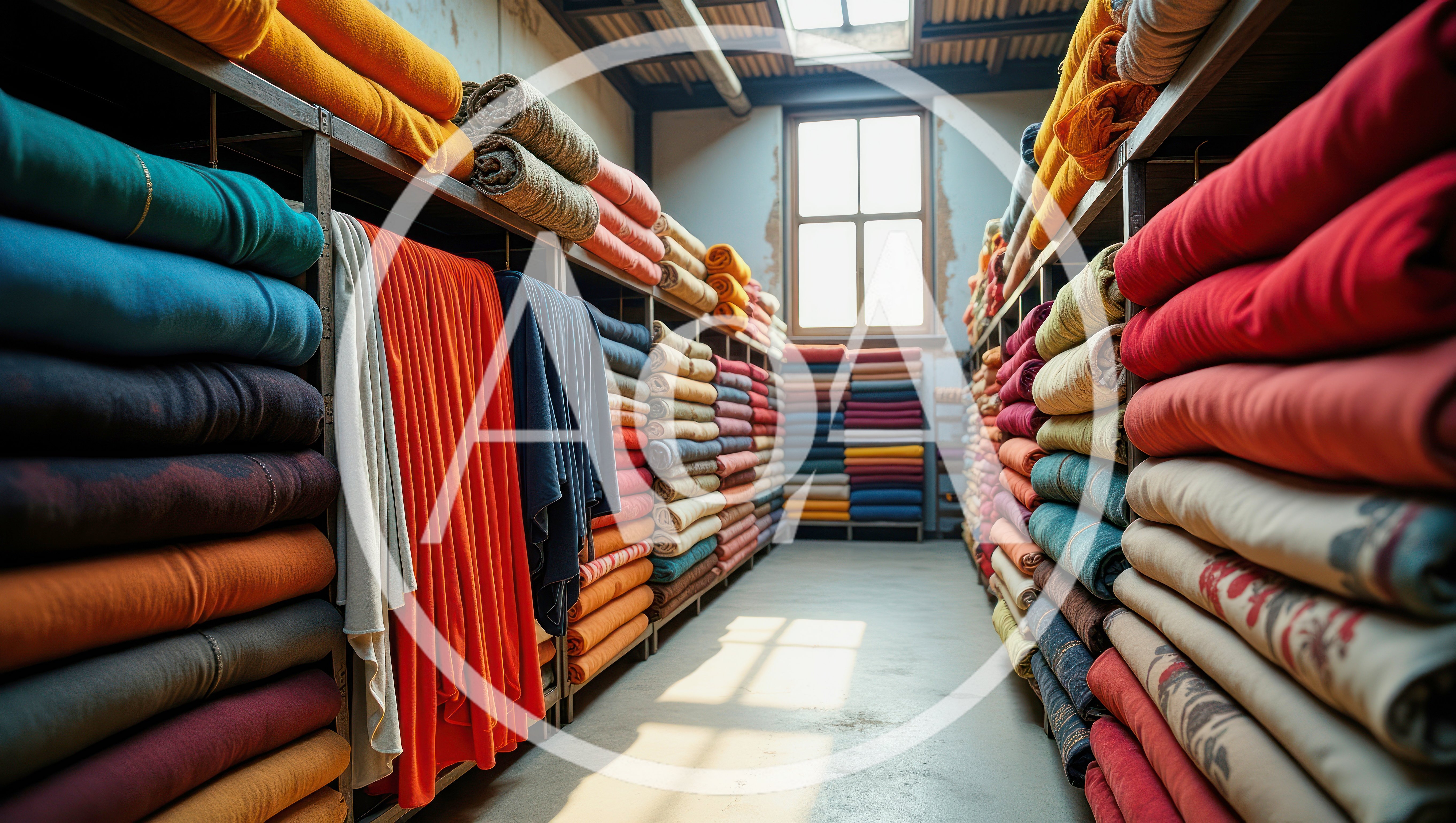 Fabric Rolls Stacked On Shelves In Textile Warehouse