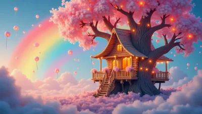 Whimsical Treehouse Nestled In A Magical Pink Cloud Forest