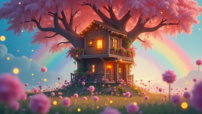 Whimsical Treehouse Nestled In A Magical Pink Forest