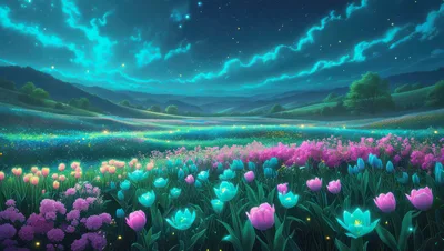 Glowing Bioluminescent Flower Field Under Night Sky