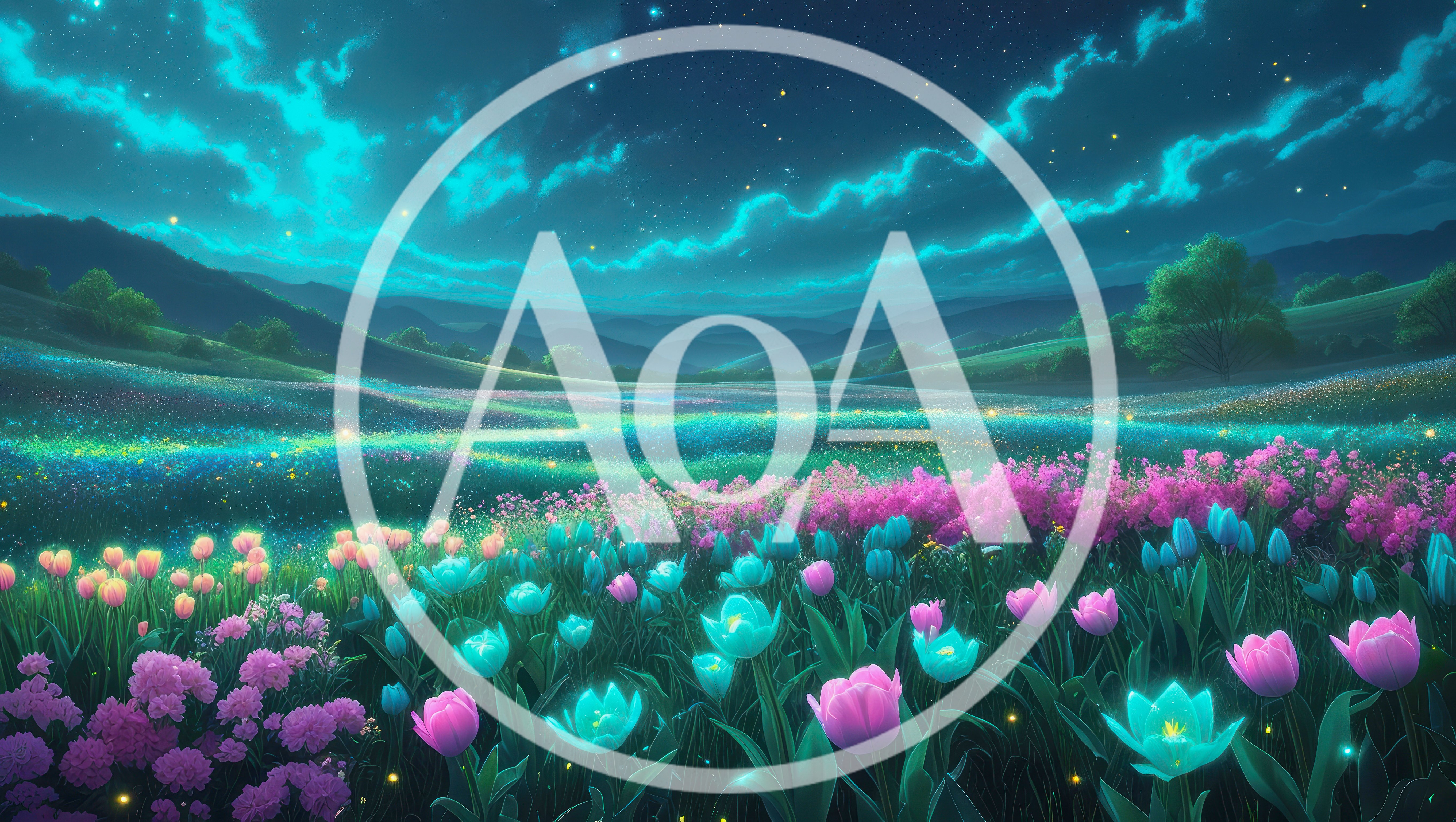 Glowing Bioluminescent Flower Field Under Night Sky