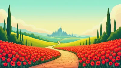 Fantasy Castle Landscape With Poppy Field And Path