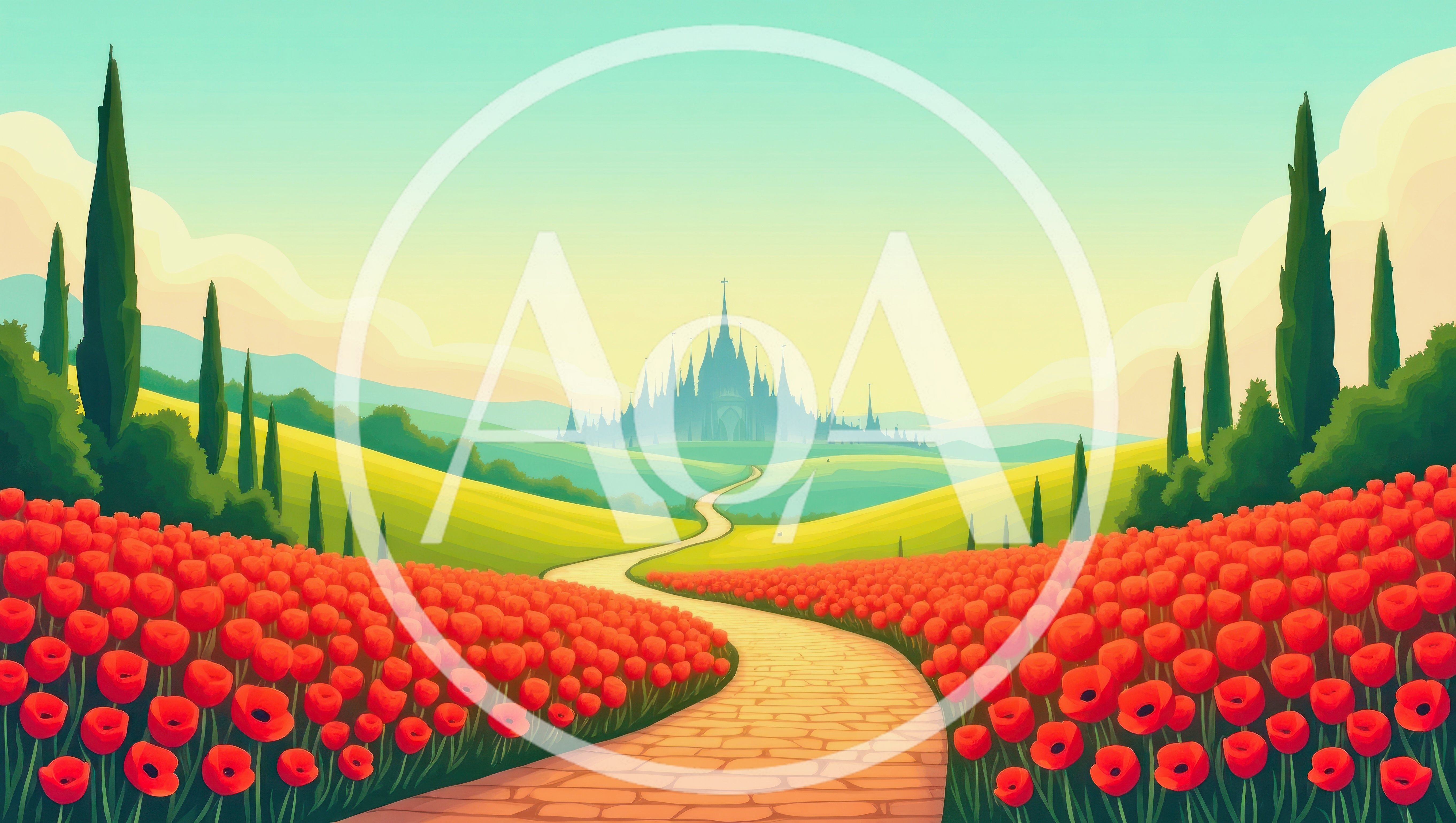 Fantasy Castle Landscape With Poppy Field And Path