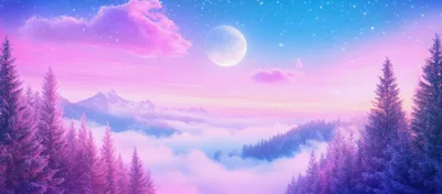 Dreamy Pastel Mountain Landscape With Moonlit Clouds