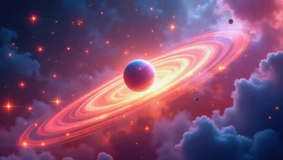 Surreal Planet With Glowing Rings In Nebula Clouds
