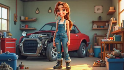 Animated Young Woman Mechanic Standing In A Garage