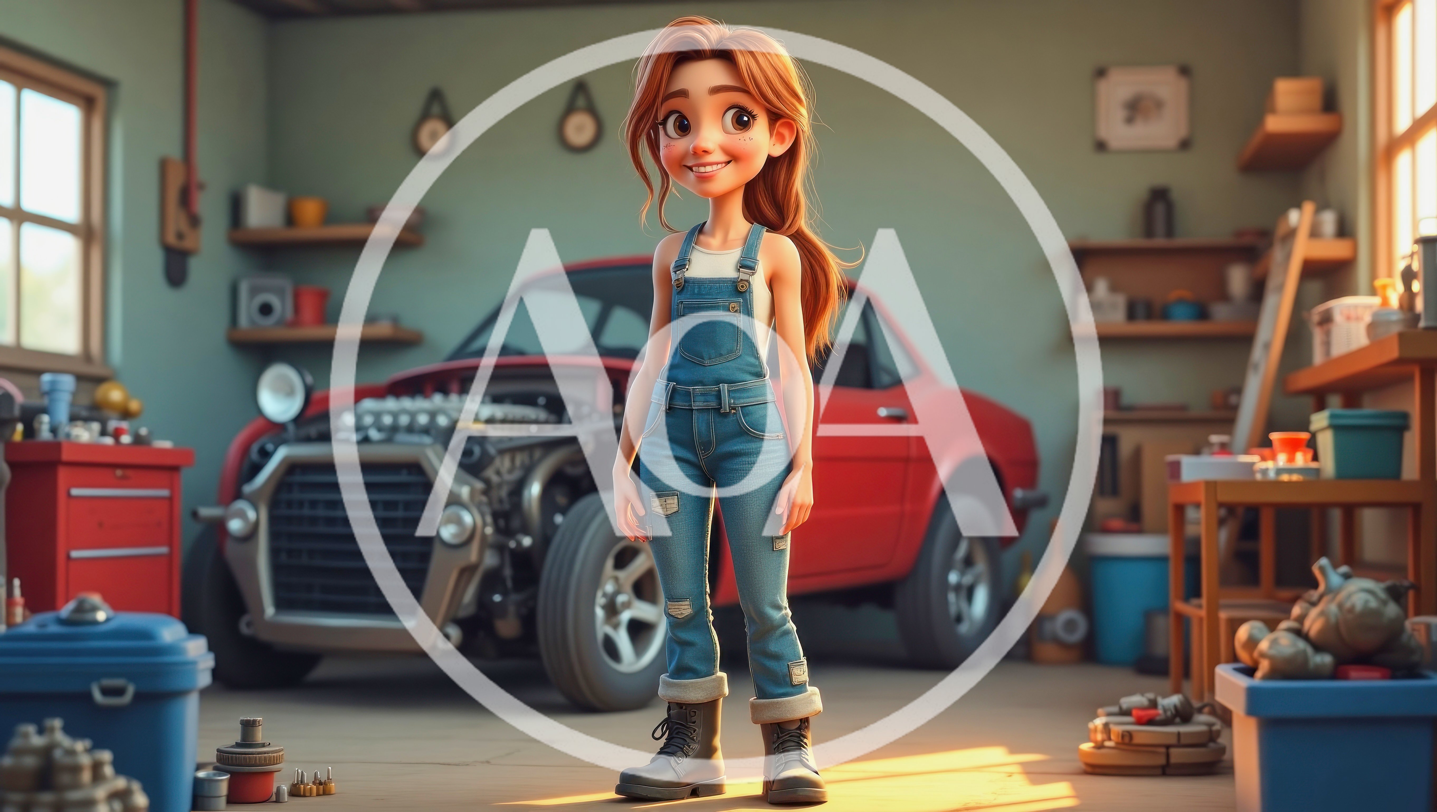 Animated Young Woman Mechanic Standing In A Garage
