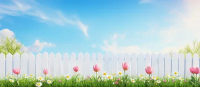 White Picket Fence With Spring Flowers