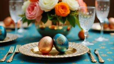 Easter Table Setting With Decorated Eggs And Flowers