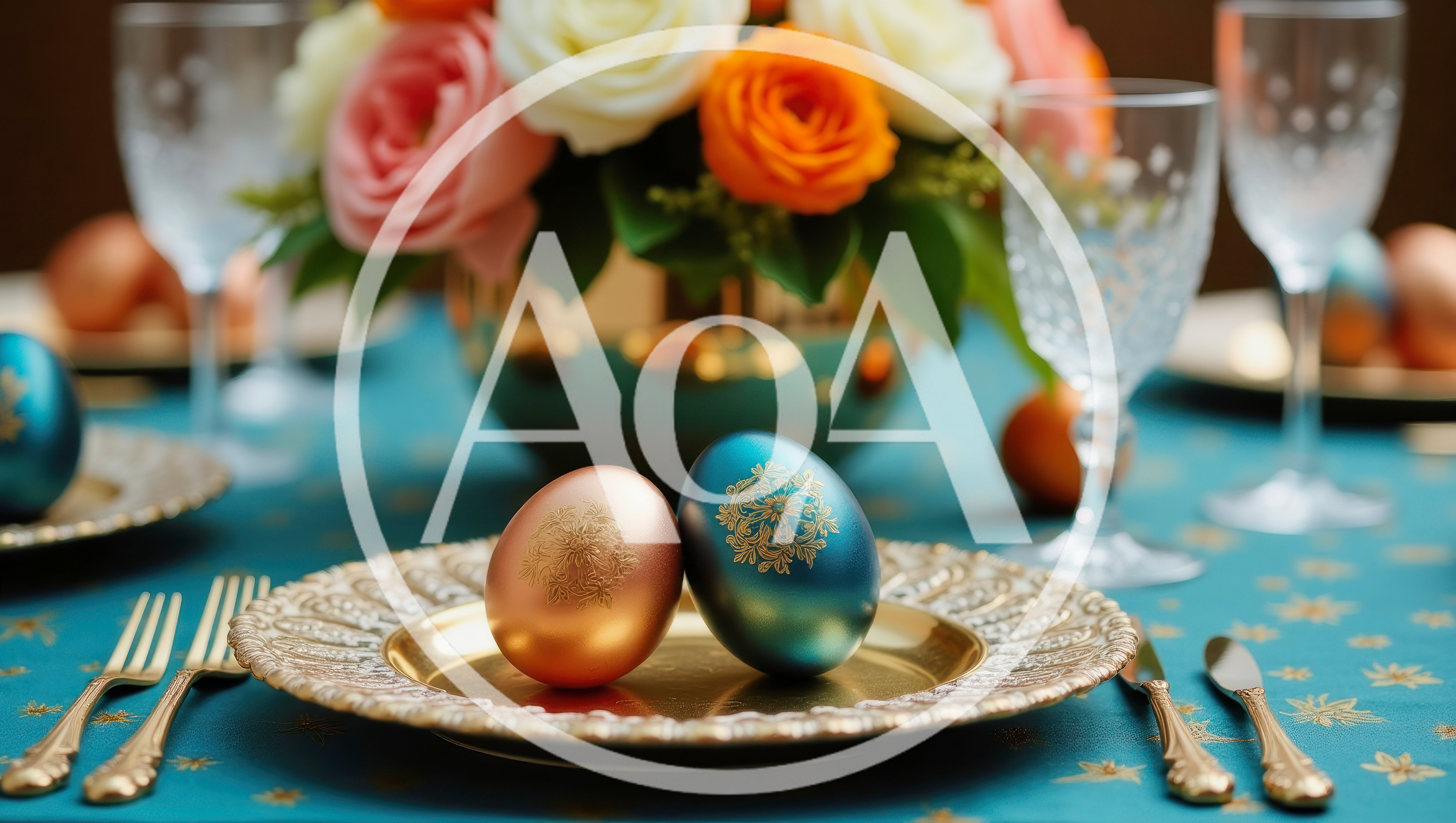 Easter Table Setting With Decorated Eggs And Flowers