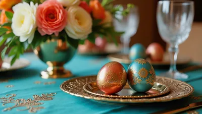 Easter Table Setting With Decorated Eggs And Flowers