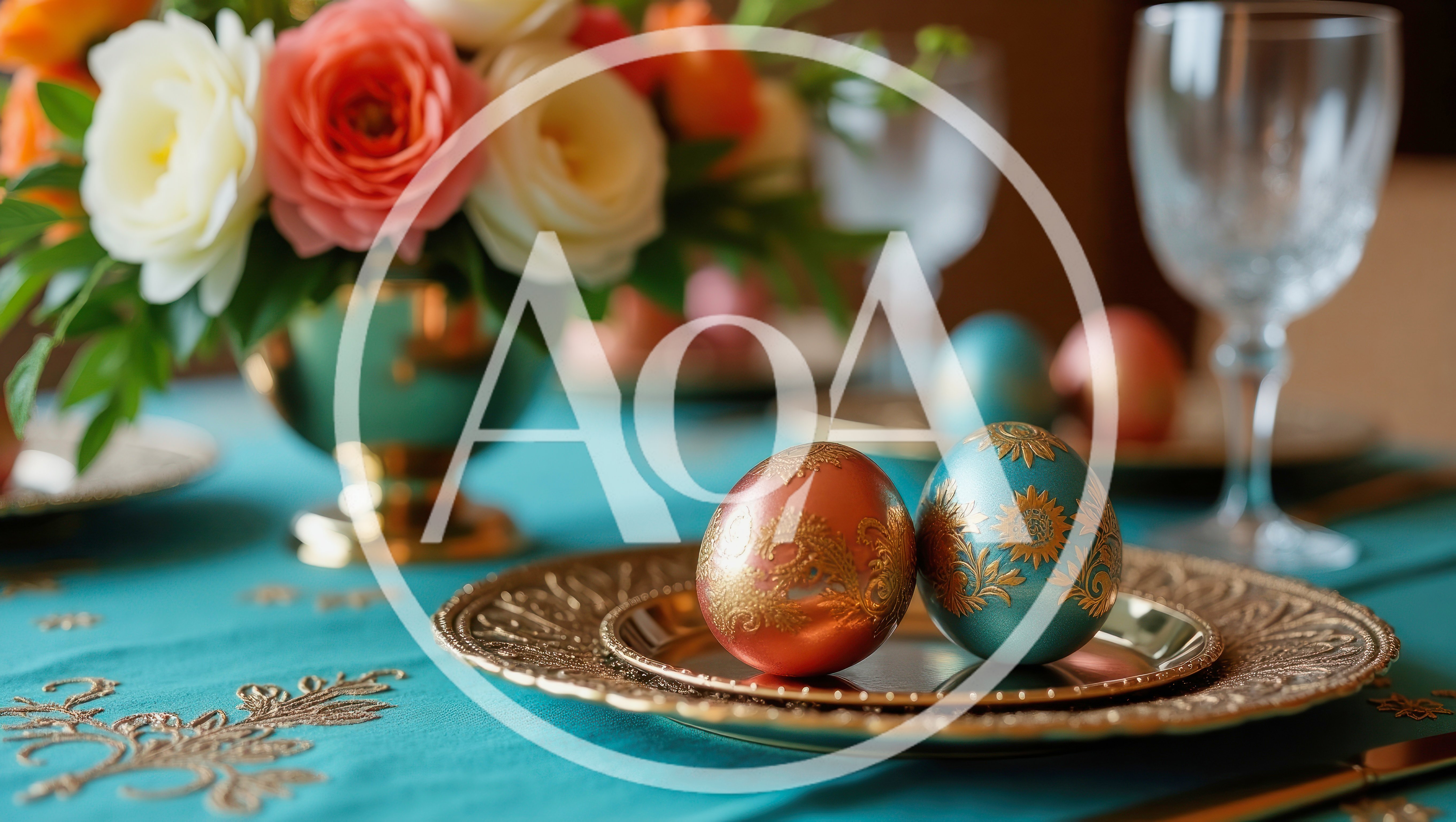 Easter Table Setting With Decorated Eggs And Flowers