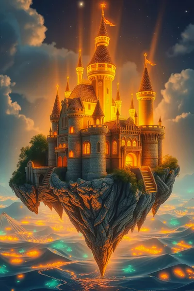 Floating Fantasy Castle Above A Glowing Landscape