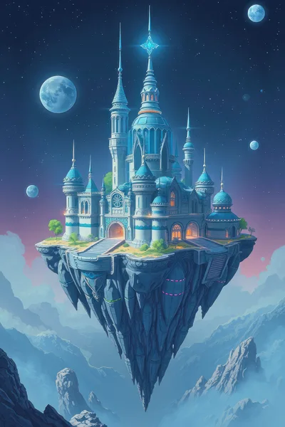 Fantasy Floating Castle Above Mountain Landscape