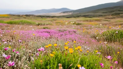 Wildflower Meadow With Rolling Hills In The Background
