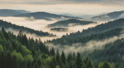 Misty Forest Landscape With Rolling Mountain Ridges