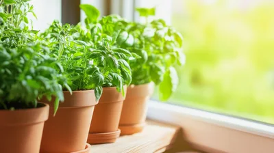 Fresh Green Basil Plants In Terracotta Pots
