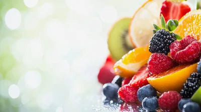 Fresh Assorted Fruits And Berries On Reflective Surface