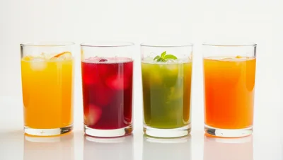 Four Glasses Of Colorful Fruit Juices With Ice