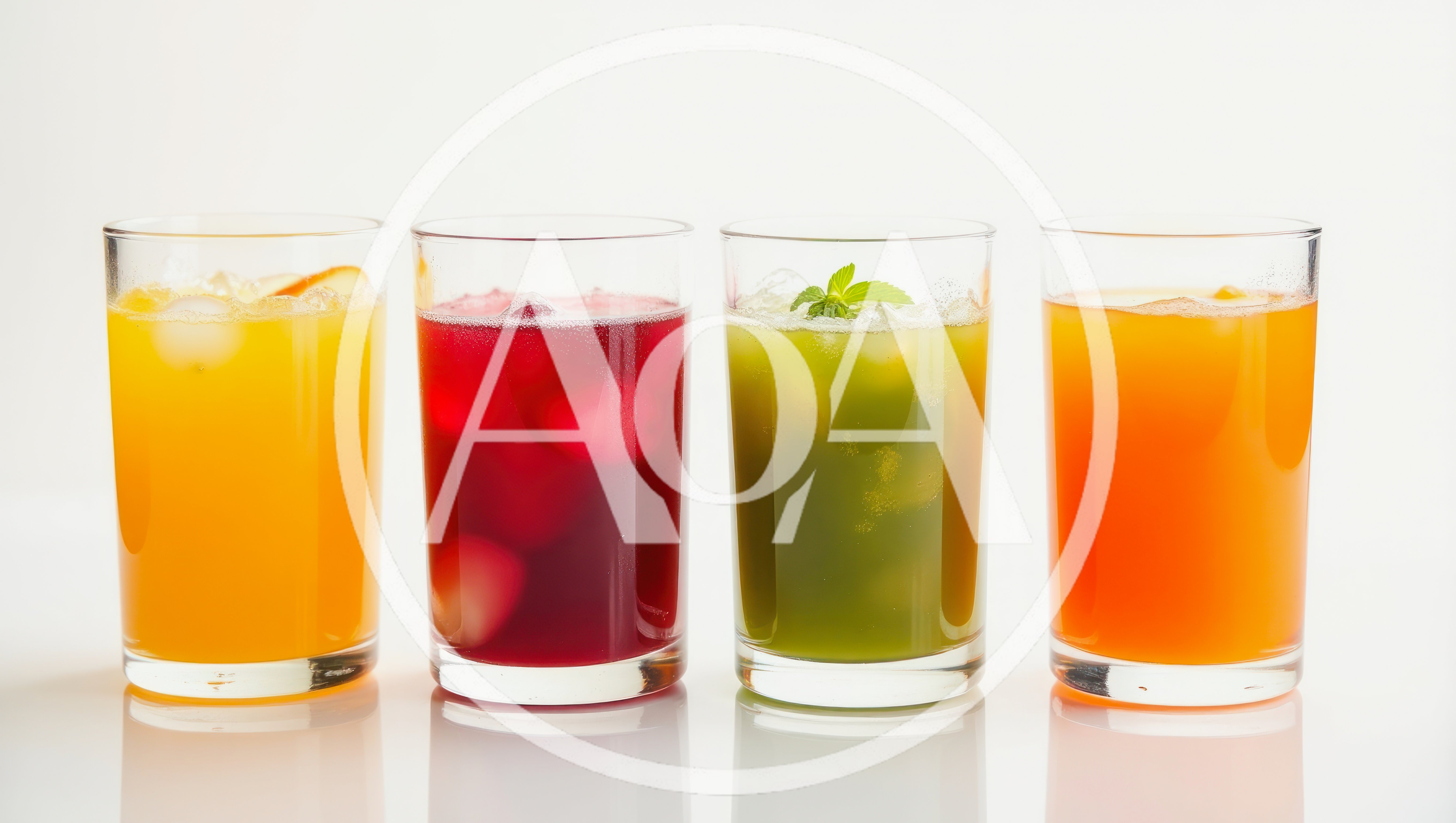 Four Glasses Of Colorful Fruit Juices With Ice