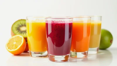 Four Glasses Of Fresh Fruit Juice With Tropical Fruits