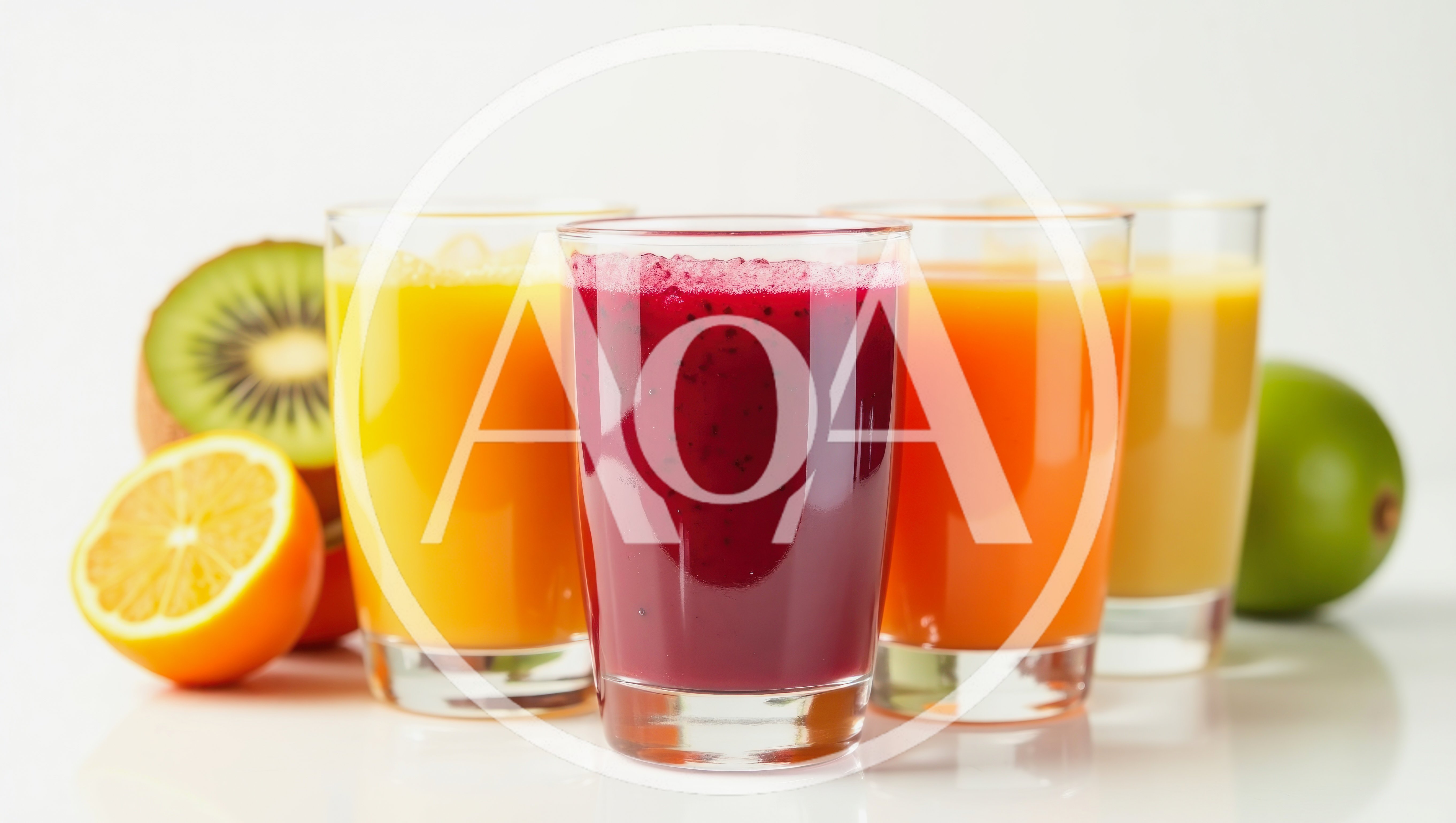 Four Glasses Of Fresh Fruit Juice With Tropical Fruits