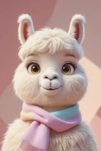 Cute Cartoon Llama Portrait With Pastel Scarf