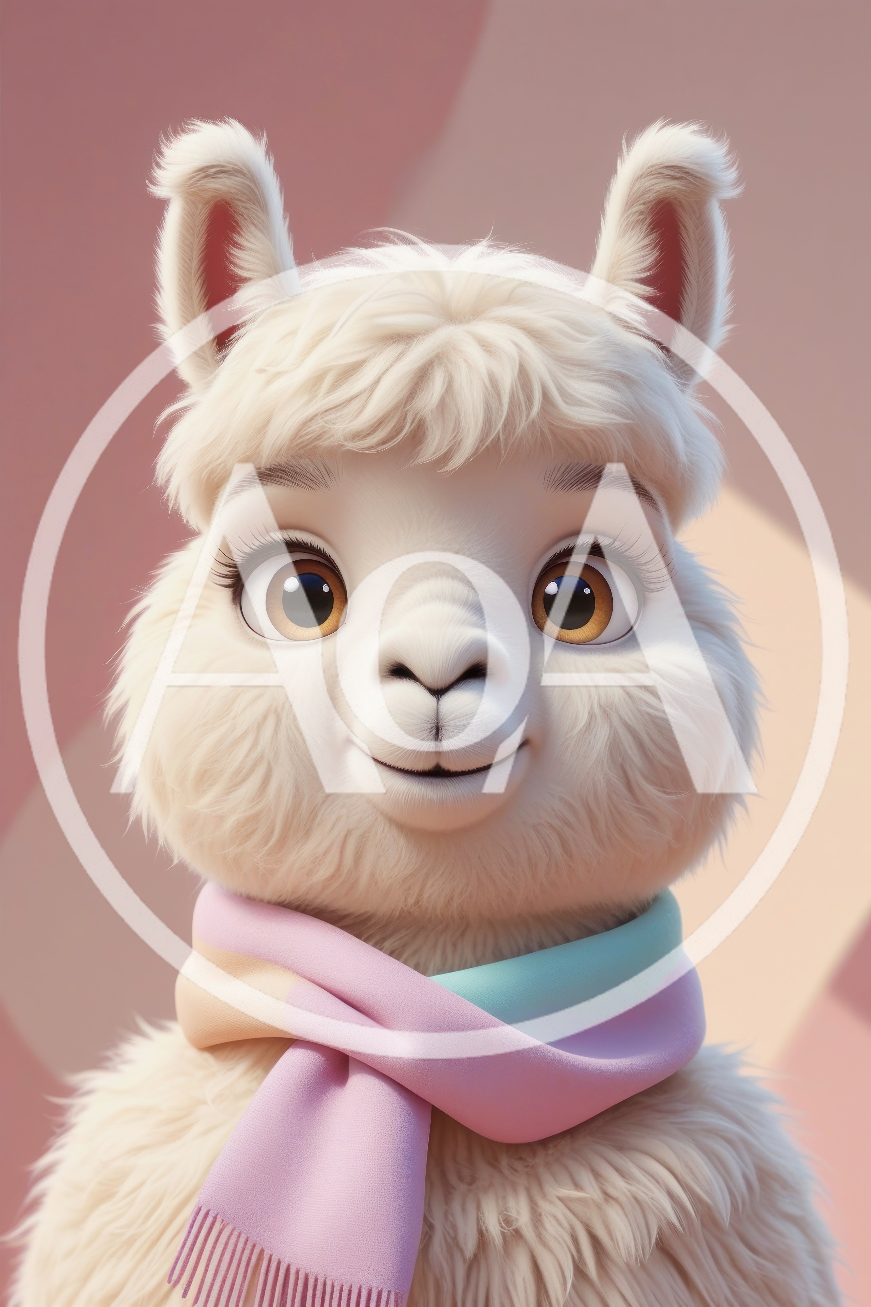 Cute Cartoon Llama Portrait With Pastel Scarf