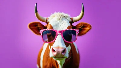 Cow Wearing Pink Floral Sunglasses Against Purple Background