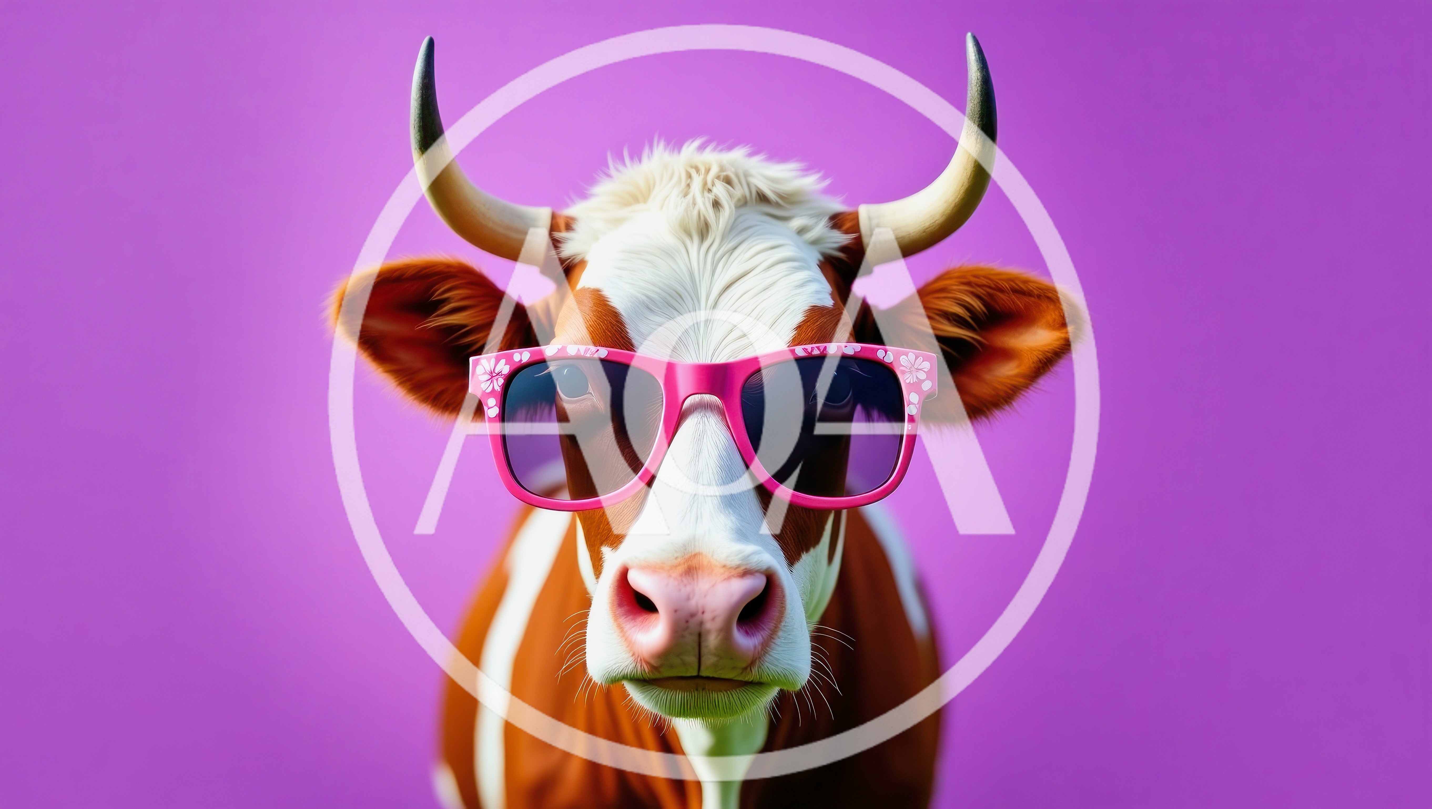 Cow Wearing Pink Floral Sunglasses Against Purple Background