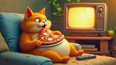 Cute Cartoon Orange Cat Eating Pizza On Couch