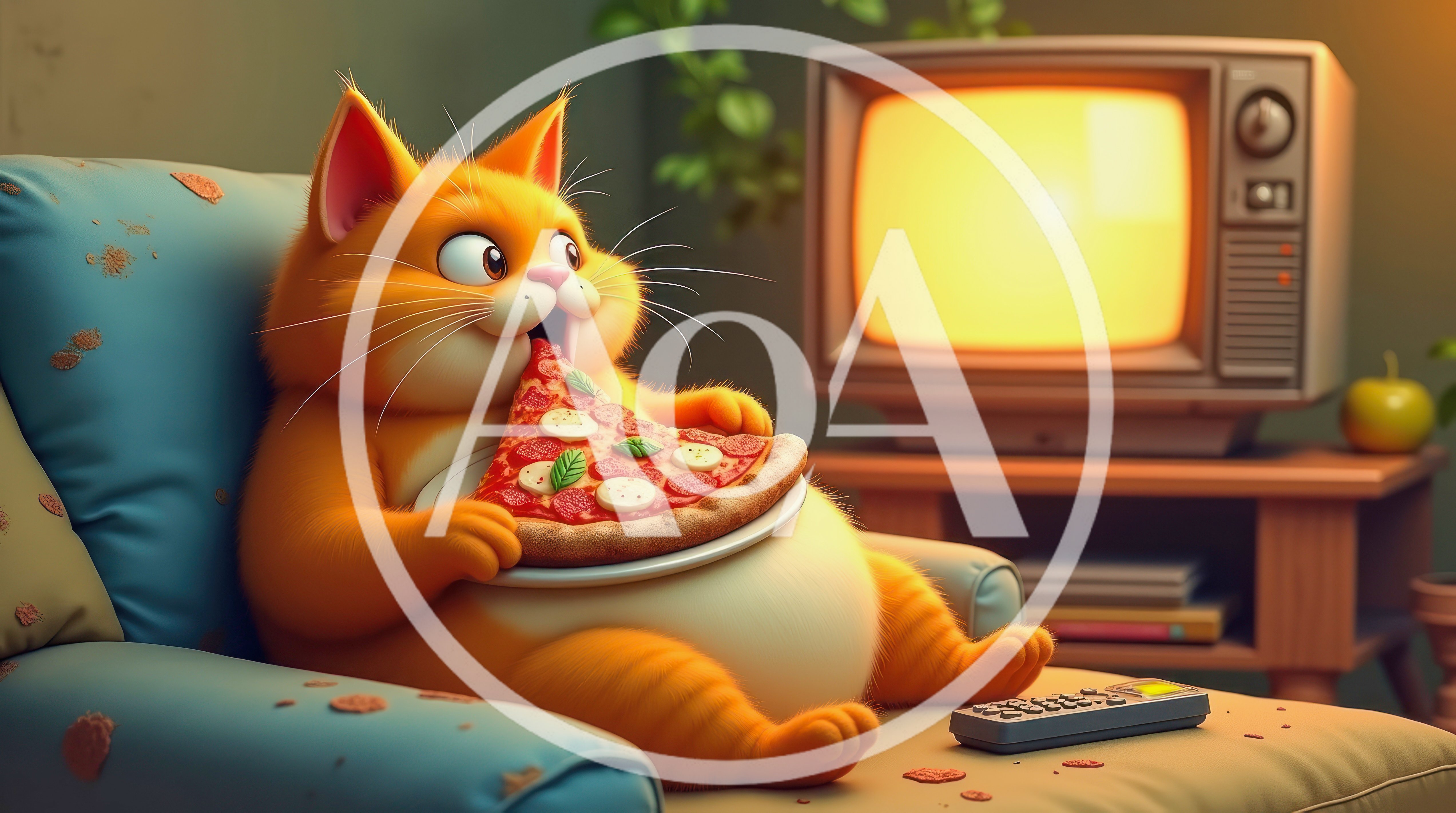 Cute Cartoon Orange Cat Eating Pizza On Couch