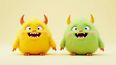 Two Cute Fluffy Monsters Standing Side By Side