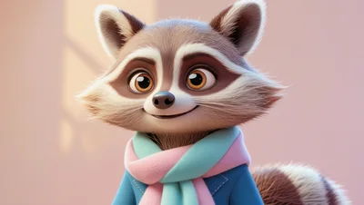 Cute Cartoon Raccoon Wearing A Scarf And Jacket