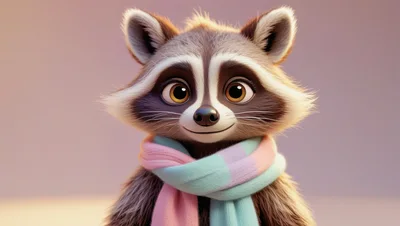 Cute Cartoon Raccoon Wearing A Pastel Scarf