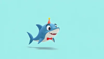 3D Cartoon Shark Wearing A Party Hat And Bowtie