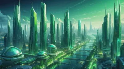 Futuristic Green Metropolis With Towering Skyscrapers And Waterways