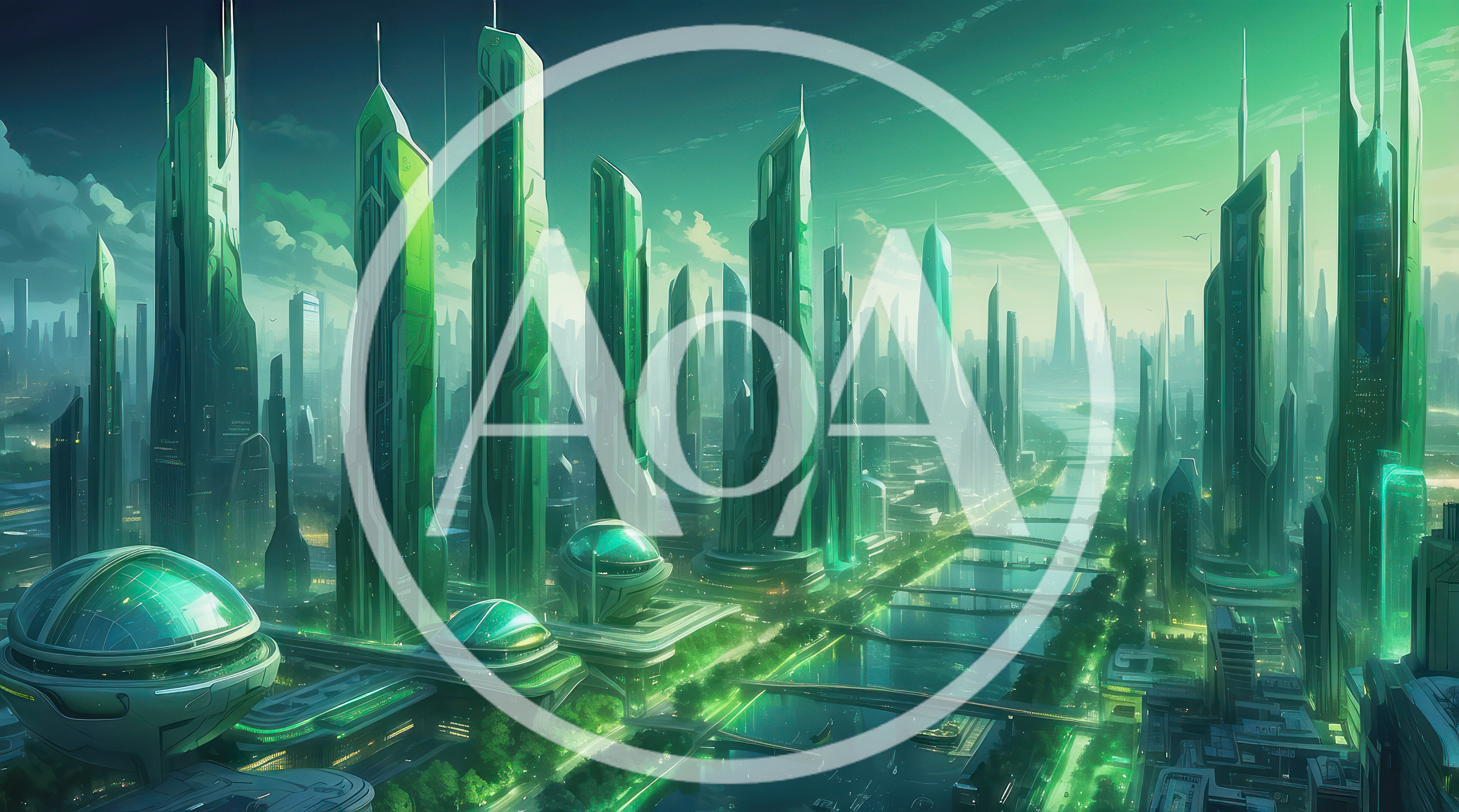 Futuristic Green Metropolis With Towering Skyscrapers And Waterways