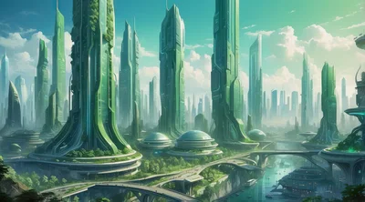 Futuristic Green Eco City With Tall Skyscrapers