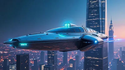 Futuristic Flying Vehicle Hovering Over A Modern Cityscape