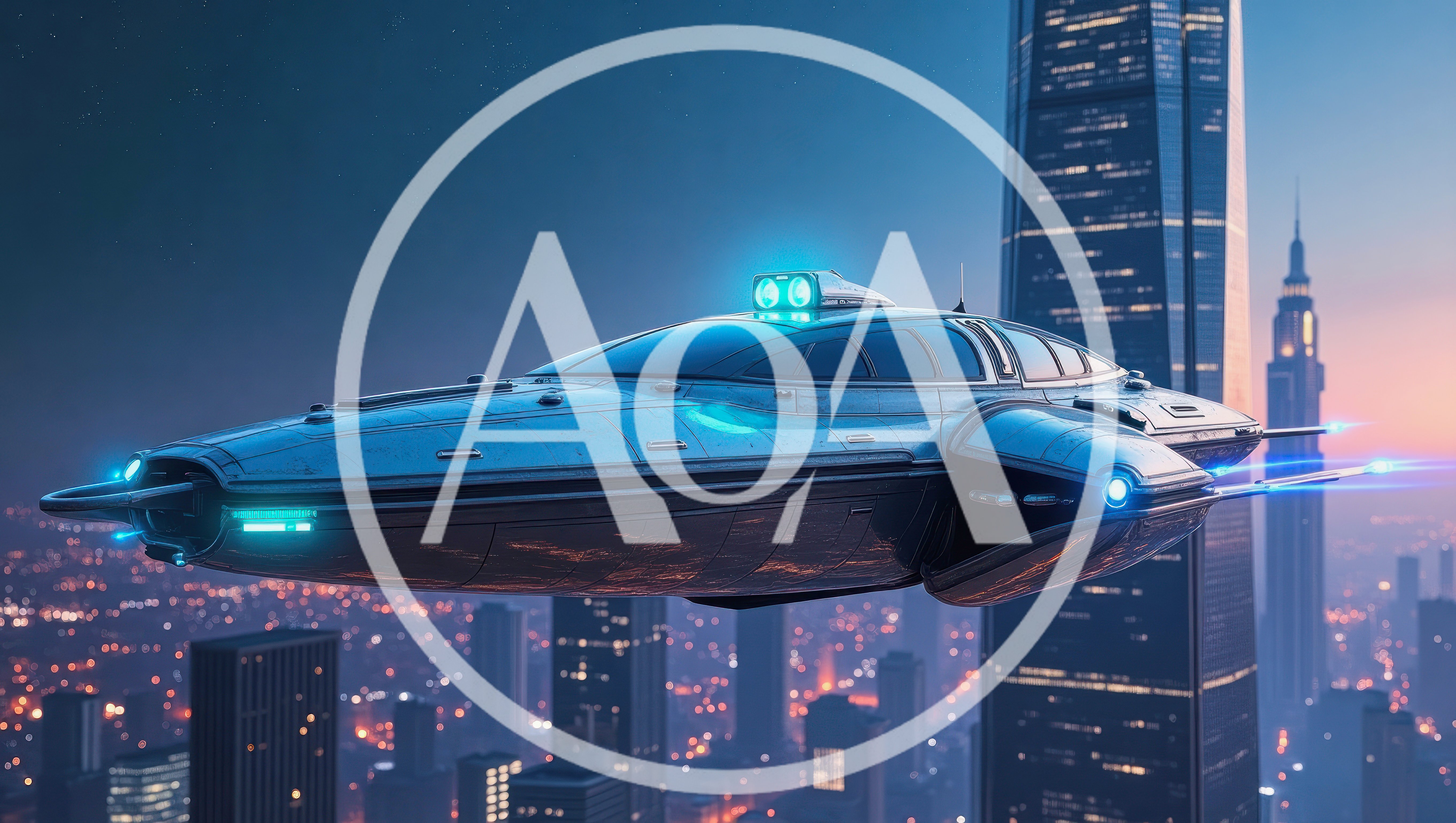 Futuristic Flying Vehicle Hovering Over A Modern Cityscape