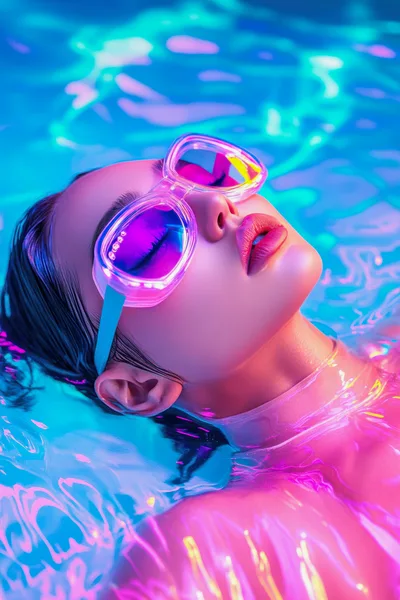 Woman Floating In Neon Lit Swimming Pool