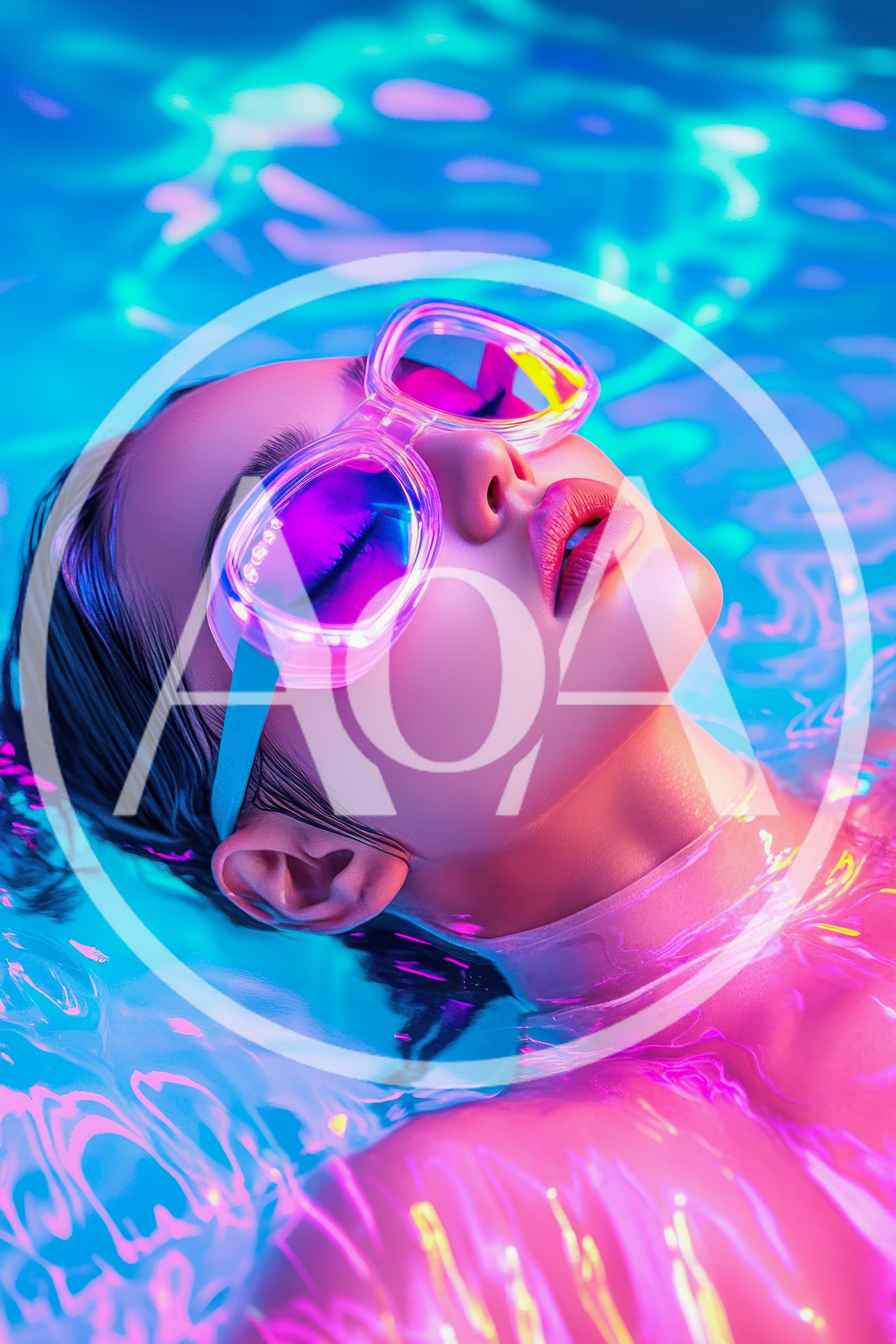 Woman Floating In Neon Lit Swimming Pool