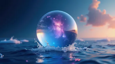 Glowing Nebula Sphere Floating Above Ocean Waves