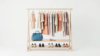 Minimalist Wooden Clothing Rack With Hanging Dresses And Shoes