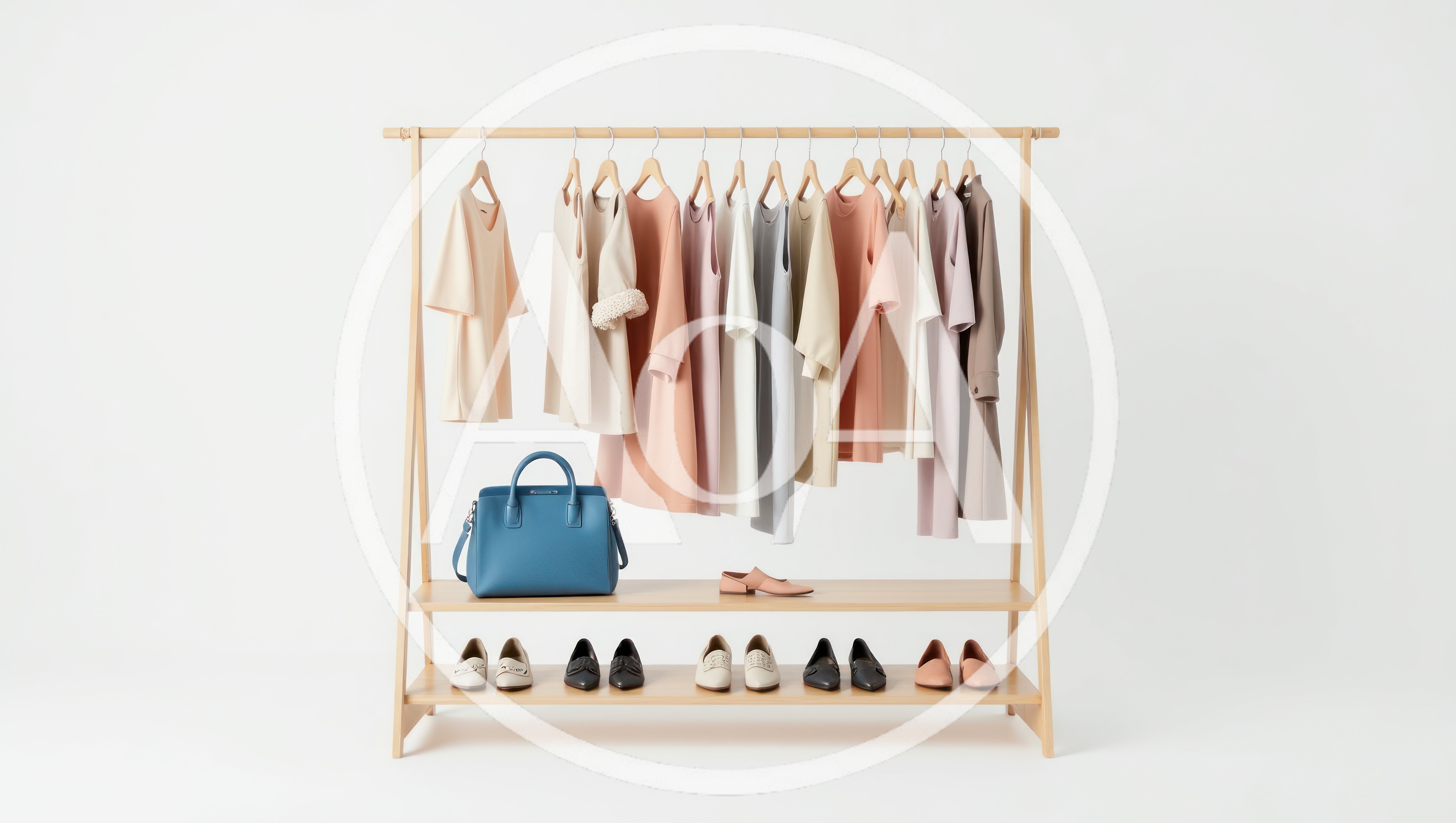 Minimalist Wooden Clothing Rack With Hanging Dresses And Shoes